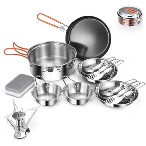 Odoland 10pcs Stainless Steel Camping Cookware Camping Pot and Pan Set with Portable Camping Stove Camping Mess Kit with Plates Bowls Forks Knives Spoons for Hiking Backpacking and Picnic