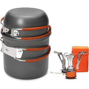 Camping Cookware Mess Kit with Lightweight Pot, Camping Stove, Spork and Carry Mesh Bag, Great for Backpacking Outdoor Camping Hiking and Picnic