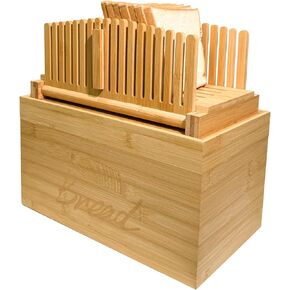 2-IN-1 Bamboo Bread Slicer and Storage Box-Bread Slicer for Homemade Bread with Bread Box,Adjustable Bread Slicing Guide for Homemade Bread,Foldable Cutting System with Crumb Tray for Kitchen