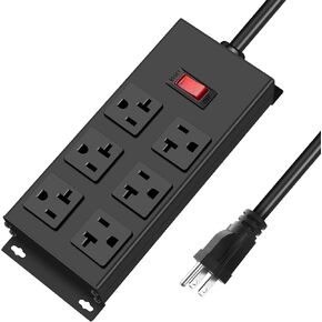JUNNUJ Heavy Duty 20 Amp Power Strip, Garage 6 Outlets Metal 12 Gauge Surge Protector 3000J, High Amp 5-15P Adapter Shop 6-20R T-Slot Industrial Outlets, 6 FT Extension Cord Commercial for Appliance