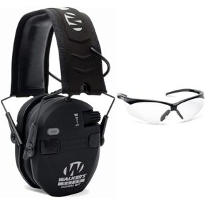 Walkers Razor Quad Electronic Shooting Hearing Protection Muff, Bluetooth Sync with Mobile Devices (Black) and Protective Glasses Kit