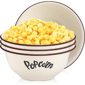Pickmesh 4 Pcs Large Popcorn Bowl Reusable 3.4 Quart Bowl Serving Popcorn Bucket Enamel Vintage White Bowls with Black Rim Retro Extra Large Enamelware for Movie Theater Night