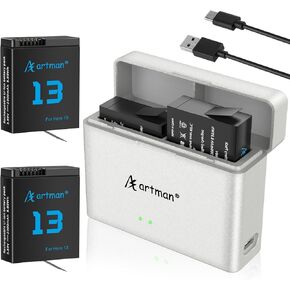 Artman Hero 13 Battery 2300mAh 2-Pack for GoPro Hero13 Black Camera with 2-Slot Pocket Storage Fast Charging Case, Fully Compatible with GoPro Hero 13 Battery and Charger