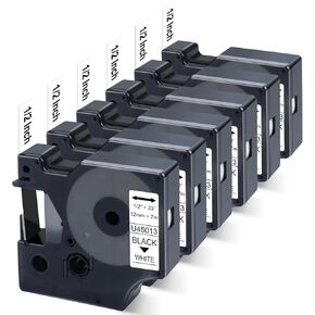 6X Replace for Dymo D1 Label Tape 45013 for Dymo Label Maker Refills D1 A45013 S0720530, Work with DYMO LabelManager 160 280 360D 420P 210D PnP Label Maker Tape, 1/2 Inch x 23 Feet, Black on White