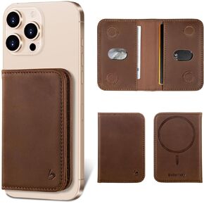 Belemay Minimalist Bifold Magnetic Wallet Compatible with MagSafe, Slim Card Holder for 4 Cards, Vintage Crazy Horse Leather, Compatible with iPhone 16/15/14/13/12 Series and MagSafe Cases, Brown