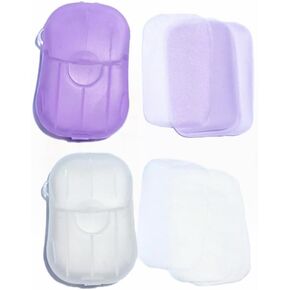 Soap Sheets, 100Pcs/2 Box Portable Soap Sheets, Mini Portable Travel Soap Paper Sheets Disposable Water Soluble Hand Washing Bath Scented Paper Soap Camping Hiking Outdoor (White,Purple)
