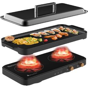 Induction Cooktop 2 Burner with Removable Griddle Pan Non-stick,Temperature Control Options with Timer,for Kitchen and Outdoor BBQ