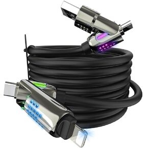 4 in 1 Charging Cable (6.6FT), MAX 240W Chubby Cable Multi USB C Charging Cable with Light, USB to USB C Fast Charging Cables for Multiple Devices, iPhone 16 15 14 Pro Max/MacBook/iPad Pro, Grey