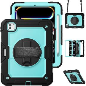 for iPad Pro11 inch Case 2024 (M4), Protective 360° Rotating Stand Hand/Shoulder Strap, Pencil Holder & Shockproof Silicone and Hard PC Case for iPad Pro 11", Blue