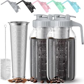 Cold Brew Coffee Maker Jar - 2 Pack 64 oz Glass Cold Brew Maker with Handle, Stainless Steel Filter & Leak-Proof Lid, Heavy Duty Cold Brew Pitcher for Iced Coffee, Sun Tea, and Milk