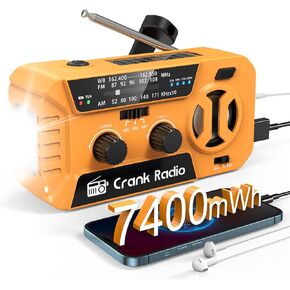 Hand Crank Emergency Weather Radio - NOAA Weather Radio with 7400mWh Power Bank, Battery Operated/USB/Solar/Hand Crank Charging, 3 LED Flashlight & SOS Alarm, for Hurricane Tornado Survival Gear