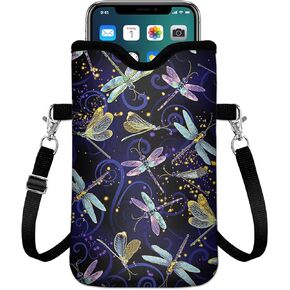 Neoprene Cell Phone Sleeve Pouch for Womem Men with 2 Pockets Inside,Shockproof Universal Phone Bag with Crossbody Strap 7.6 X 4.3 Inches Mobile Protection Case Bag-Navy Dragonfly Phone Pouch