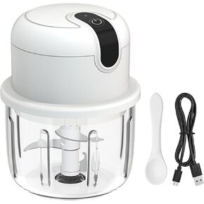 Mini Garlic Chopper, Cordless Electric Garlic Chopper Slicer with GLASS Cup, 10Oz Mini Food Grinder Processor for Small Vegetable Onion Tomato Pepper Herb, Anti-slip, incl USB cable, White