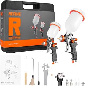 REFINE HVLP Air Gravity Spray Gun Sets, 2-Spray Paint Gun, 1.0mm 100ml & 1.4/1.7mm 600ml Auto Paint Sprayer Gun with Air Regulator for Car Paint, Primer, Topcoat & Touch-Up, Furniture, House Painting.