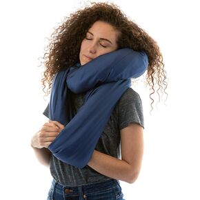 NAPRO Bamboo Rayon Travel Pillow and Polyester Blanket, 3 in 1 Multi Use Infinity Pillow/Square Pillow/Micro Fleece Polyester Blanket for Comfort on Airplane, Car, Bus, and Home - Navy