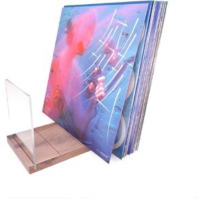 Vinyl Record Storage Holder, Walnut Vinyl Records Storage with Non-Slip Deep Groove, Brown Vinyl Stand Organizer with Acrylic Support Plate for LP Record Albums - Holds up to 50 Albums