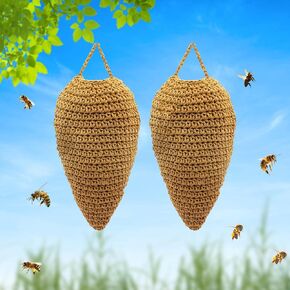 2 Pack Larger Crochet Wasp Nest Decoys, Hanging Wasp Deterrent for Wasps Hornets, Fake Hornet Nest Wasp Deterrent for Outdoor Hanging Faux Wasp Nest Crochet Wasp Nest Decoration(Dark Earthy)