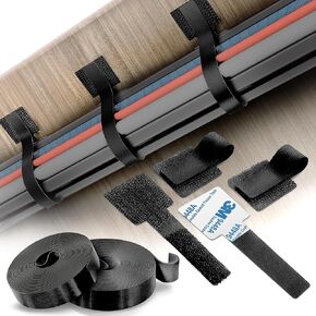 40 PCS Self-Adhesive Hook and Loop Cable Ties with 2 Rolls Extension Straps – Sticky-Back Cord Organizer for Under Desk Cable Management, Adjustable Nylon Wire Organizer for Home and Office (Black)