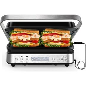 Panini Press Grill Sandwich Maker with Removable Plates, 5 in 1 Smokeless Indoor Grill & Griddle with Meat Thermometer, CATTLEMAN CUISINE Electric Contact Grills for Kitchen, Stainless Steel, 1600W