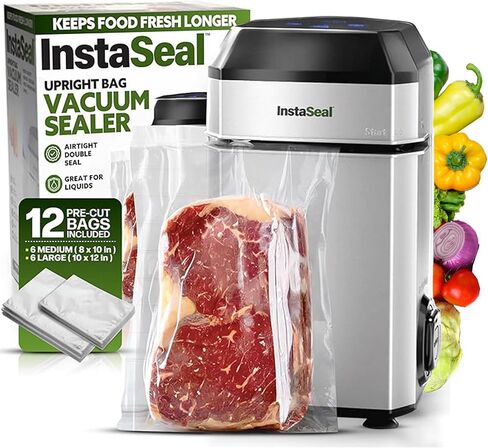InstaSeal Food Vacuum Sealer Machine with 12 Bags, Compact Upright Food Sealer Vacuum Sealer for Food Allows to Seal Liquids, Marinades, Vegetables, Meats and More, Saver Keeps Food Fresher Longer in Saudi Arabia
