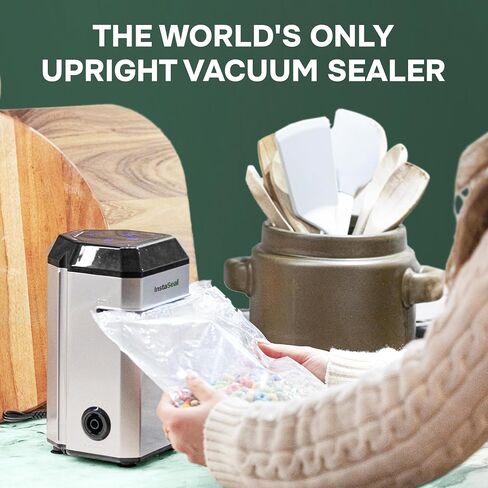 InstaSeal Food Vacuum Sealer Machine with 12 Bags, Compact Upright Food Sealer Vacuum Sealer for Food Allows to Seal Liquids, Marinades, Vegetables, Meats and More, Saver Keeps Food Fresher Longer in Saudi Arabia