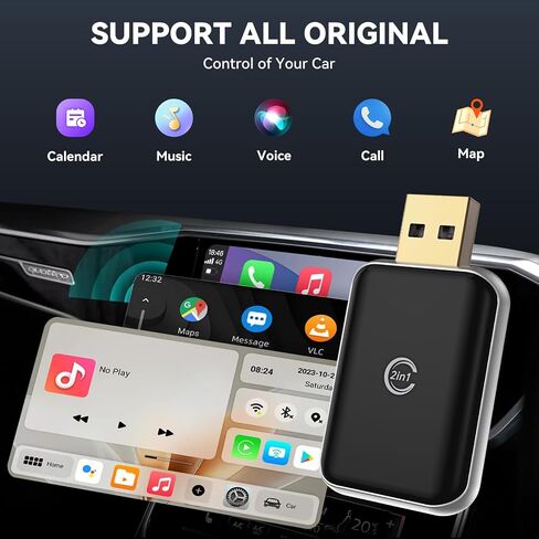 2-in-1 Wireless CarPlay Adapter, USB-A to USB-C, Plug and Play (Grey) in Saudi Arabia