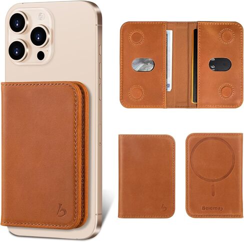 Belemay Minimalist Bifold Magnetic Wallet Compatible with MagSafe, Slim Card Holder for 4 Cards, Vintage Crazy Horse Leather, Compatible with iPhone 16/15/14/13/12 Series and MagSafe Cases, Brown in Kuwait