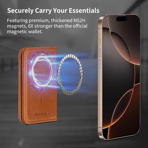 Belemay Minimalist Bifold Magnetic Wallet Compatible with MagSafe, Slim Card Holder for 4 Cards, Vintage Crazy Horse Leather, Compatible with iPhone 16/15/14/13/12 Series and MagSafe Cases, Brown in Kuwait