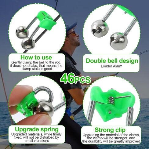 46PCS 3rd Generation Plastic Fishing Bells, Fishing Rod Alarm Bell with Extra Loud Dual Alert Bells Clip, Fishing Bells for Rods, Easy for Night, Ice Fishing, Green. in Saudi Arabia