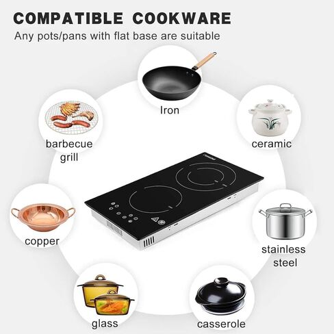 Amzchef 2 Burner Electric Cooktop 12 Inch ، Domino Electric Stove Top 120V Clop Coramic Cooktop مع 1800 واط 9 مستويات الطاقة ، قفل الأطفال ، مؤشر الحرارة المتبقية ، المدمج والأشكال كونترتوب in Kuwait