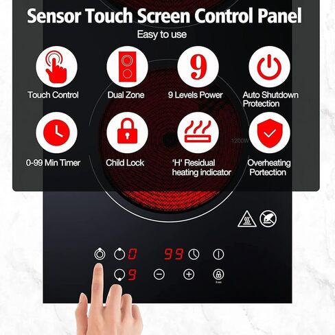 Amzchef 2 Burner Electric Cooktop 12 Inch ، Domino Electric Stove Top 120V Clop Coramic Cooktop مع 1800 واط 9 مستويات الطاقة ، قفل الأطفال ، مؤشر الحرارة المتبقية ، المدمج والأشكال كونترتوب in Kuwait