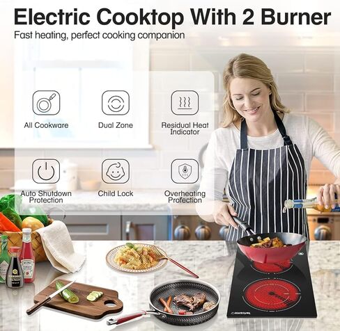 Amzchef 2 Burner Electric Cooktop 12 Inch ، Domino Electric Stove Top 120V Clop Coramic Cooktop مع 1800 واط 9 مستويات الطاقة ، قفل الأطفال ، مؤشر الحرارة المتبقية ، المدمج والأشكال كونترتوب in Kuwait