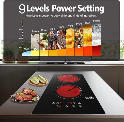 Amzchef 2 Burner Electric Cooktop 12 Inch ، Domino Electric Stove Top 120V Clop Coramic Cooktop مع 1800 واط 9 مستويات الطاقة ، قفل الأطفال ، مؤشر الحرارة المتبقية ، المدمج والأشكال كونترتوب in Kuwait