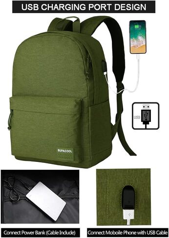 SUPACOOL Casual Laptop Backpack for Men and Women, School Backpack for Boys and Girls, College Bookbag, USB Charging Port, Lightweight Back Pack(Black) in Saudi Arabia