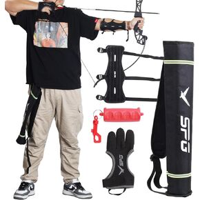 4Pcs Archery Accessories Set - Leather Archery Arm Guard | 3-Finger Archery Gloves | Back Arrow Quiver | Arrow Puller Target Remover - Complete Archery Protective Gear Bundle
