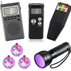 Saillong 7 Pcs Ghost Hunting Equipment Kit 1 Electromagnetic Paranormal Radiation Detector 1 Digital EVP Voice Recorder 1 Hand Held Radio 1 UV Flashlight 3 LED Light up Cat Balls, 8gb(Clear)