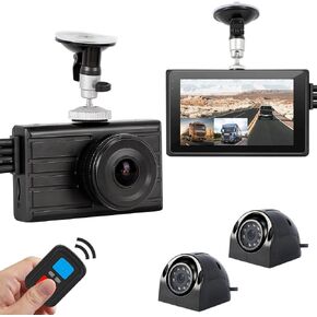 VSYSTO UPGRADE 3CH TRACK DASH Camera System DVR Recorder Camera Backup Backup Camera 1080p الأمامية والجانبية والرؤية الخلفية كاميرا أمان لـ Semi Truck Trailer Van RVS 3.0 '' Monitor Infrared Vision