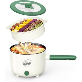 Electric Hot Pot with Steamer, Portable Nonstick Frying Pan with Dual Power Control, Electric Shabu Shabu Cooker for Noodle, Oatmeal, Pasta, Ramen, 1.5L (Green D)