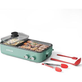 AORAN Electric Hot Pot with Grill, 2-in-1 Indoor Non-Stick Pot for Korean BBQ, Shabu Shabu & Noodles, Dual Temperature Control, Quick Heating with Bonus Accessories Green