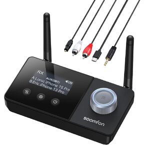 Bluetooth Transmitter Receiver - SOOMFON Bluetooth 5.3 Audio Adapter 3-in-1 for 2 Headphone with LCD Display Adjustable Volume Optical AUX RCA Bypass for TV Home Stereo Speaker Dual Antenna