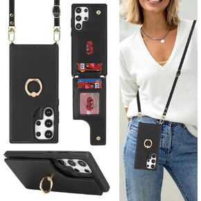 for Samsung Galaxy S24 Ultra Case with Card Holder and Strap for Women,Crossbody Lanyard,Stand Ring Kickstand,Snap Clasp,Phone Wallet Cases 6.8 inch(Wine Red)