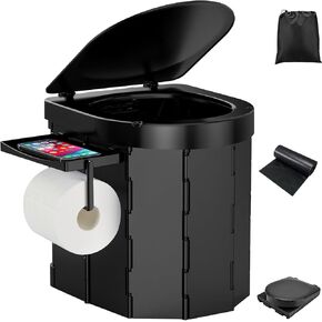 Portable Camping Toilet, Foldable Toilet for Adults with Detachable Phone Shelf and Toilet Paper Holder, Waterproof Porta Potty with Lid for Camping, Hiking, RV Travel, Road Trips