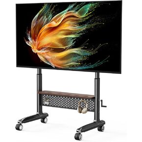 Hand Crank Lift Mobile TV Cart for 40-90 Inch Large LCD LED Flat Curved Screens up to 220 lbs, Heavy Duty Rolling TV Stand with Steel Shelf and Hole Platform, Portable TV Stand Max VESA 800x600mm