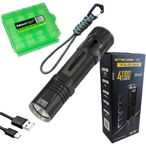 Nitecore EDC33 4000 Lumen LED USB-C Rechargeable Tactical Flashlight, Battery, Paracord Lanyard EdisonBright Accessory case Bundle