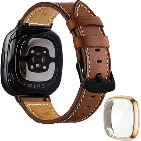 for Fitbit Versa 4/Sense 2 Bands Leather Women Men, Leather Wristband Adjustable Replacement Soft Sport Strap and TPU Slim Protective Case Compatible for Fitbit Sense 2/Versa 4 Smartwatch