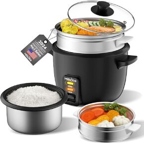 Rice Cooker, 2L Rice Cooker with Food Steamer, Rice Steamer with Non-Stick Inner Pot Makes Soups, Stews, Grains, Cereals, Keep Warm Feature (Black)