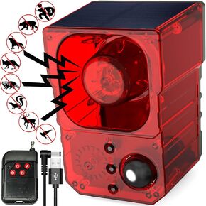 Solar Outdoor Motion Sensor Alarm - Noise maker129dB Alarm, Recording, Siren, Dog Bark & Gunshot. with Remote, Wide-Angle Sensing. Fit Indoor/Outdoor. Detects Motion, Deters Intruders.