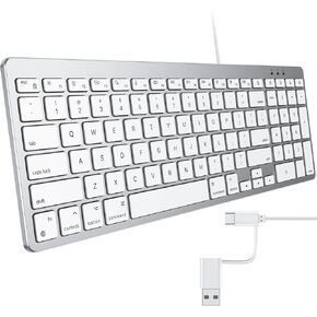 OMOTON Wired Keyboard for Mac, with Dual Interface (USB and Type-C), Numeric Keypad for MacBook Pro/Air, iMac, iMac Pro, Mac Mini, Mac Pro Laptop, Silver