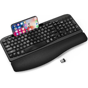 Ergonomic Wireless Keyboard with Cushioned Wrist Rest, Wave Keys, Phone Holder, Comfortable Natural Typing, 2.4GHz Full Size Silent Cordless USB Computer Keyboard for Laptop, Mac, Windows (Black)