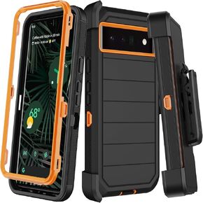 for Google Pixel 6 Pro Case with Belt Clip Holster,2X Screen Protector,Heavy Duty Shockproof Drop Protection Military Grade Full Body Rugged Phone Cover with Kickstand Black Orange